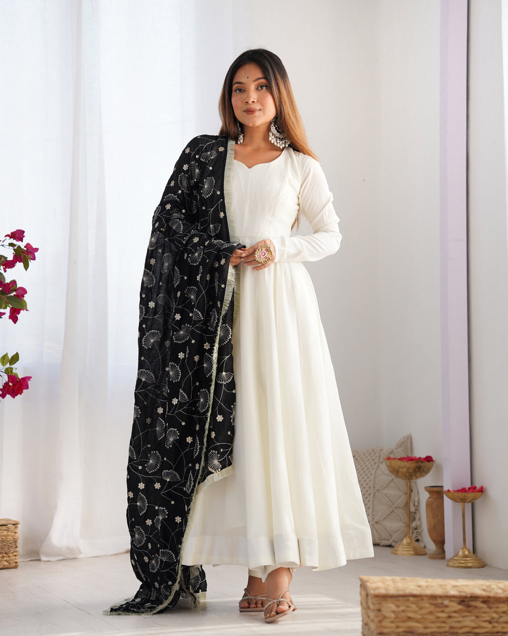 Lorenvalley Fashion White Vichitra Silk Fabric Fully Flared Anarkali Pant With Dupatta Set | Grocsy
