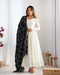 Lorenvalley Fashion White Vichitra Silk Fabric Fully Flared Anarkali Pant With Dupatta Set | Grocsy
