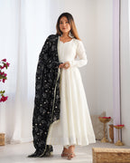 Lorenvalley Fashion White Vichitra Silk Fabric Fully Flared Anarkali Pant With Dupatta Set | Grocsy
