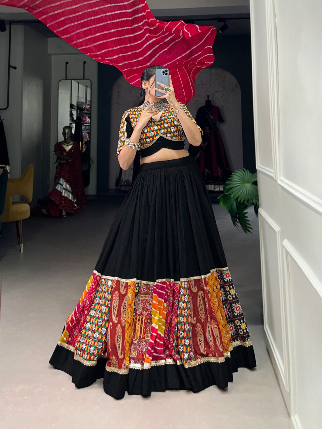 Lorenvalley Black Pure Rayon with Plain And Printed With Original Mirror Gamthi Work And Lace Touch Up Lehenga Choli | Grocsy