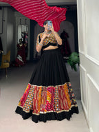 Lorenvalley Black Pure Rayon with Plain And Printed With Original Mirror Gamthi Work And Lace Touch Up Lehenga Choli | Grocsy