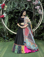Lorenvalley Black Premium Rayon Lehenga with Choli with Digital Printed with Gotta Patti Lace Border Dupatta Set | Grocsy