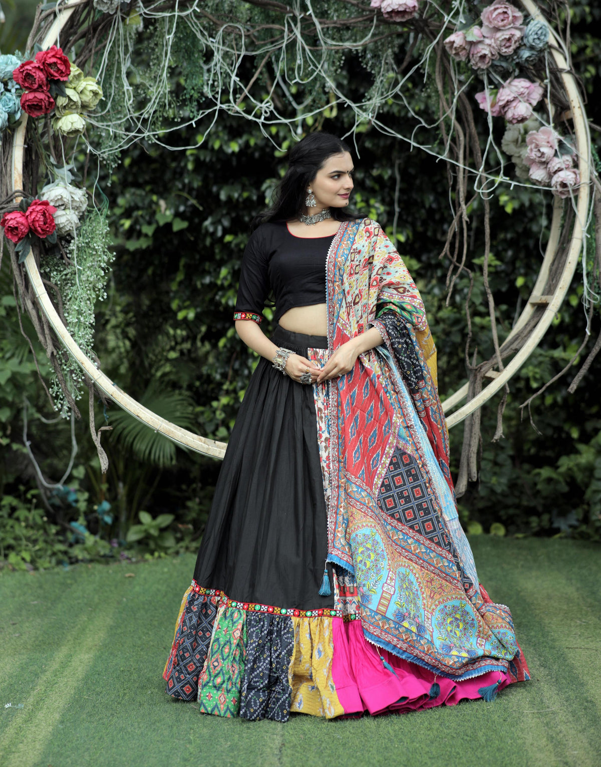 Lorenvalley Black Premium Rayon Lehenga with Choli with Digital Printed with Gotta Patti Lace Border Dupatta Set | Grocsy