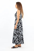 Pimu Viscose Patterned Summer Dress - Elastic Waist, V-Neck - Black | Grocsy