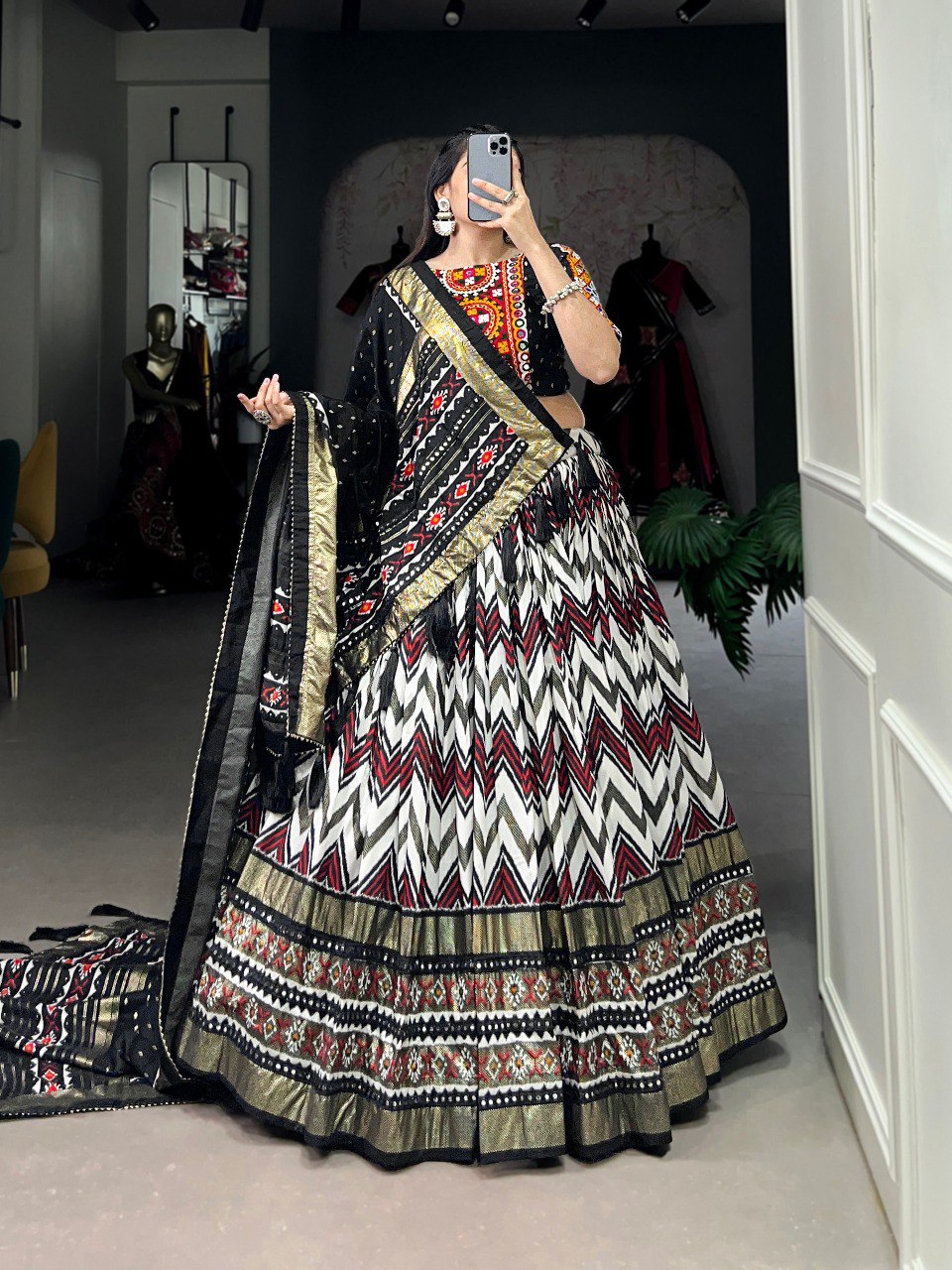 Lorenvalley Tussar Silk Black Leheriya Print with Foil Print and Paper Mirror Work Lace Lehenga Choli with Dupatta | Grocsy