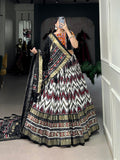 Lorenvalley Tussar Silk Black Leheriya Print with Foil Print and Paper Mirror Work Lace Lehenga Choli with Dupatta | Grocsy