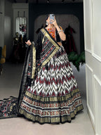Lorenvalley Tussar Silk Black Leheriya Print with Foil Print and Paper Mirror Work Lace Lehenga Choli with Dupatta | Grocsy