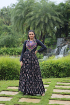 Lorenvalley Black Cotton Printed With Kutchi Gamthi Work and Kodi Lace Gown | Grocsy