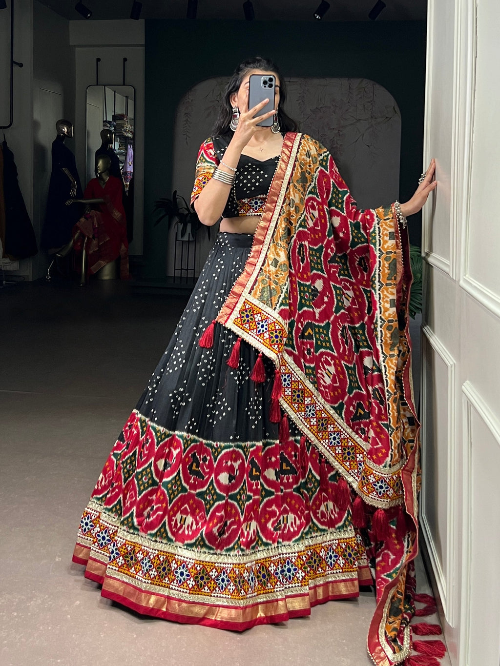 Lorenvalley Fashion Black Tasar Silk Print with Foil Work and Real Mirror Gamthi Work with Lace Touch Up Lehenga Choli with Dupatta | Grocsy