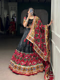 Lorenvalley Fashion Black Tasar Silk Print with Foil Work and Real Mirror Gamthi Work with Lace Touch Up Lehenga Choli with Dupatta | Grocsy