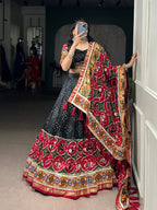 Lorenvalley Fashion Black Tasar Silk Print with Foil Work and Real Mirror Gamthi Work with Lace Touch Up Lehenga Choli with Dupatta | Grocsy