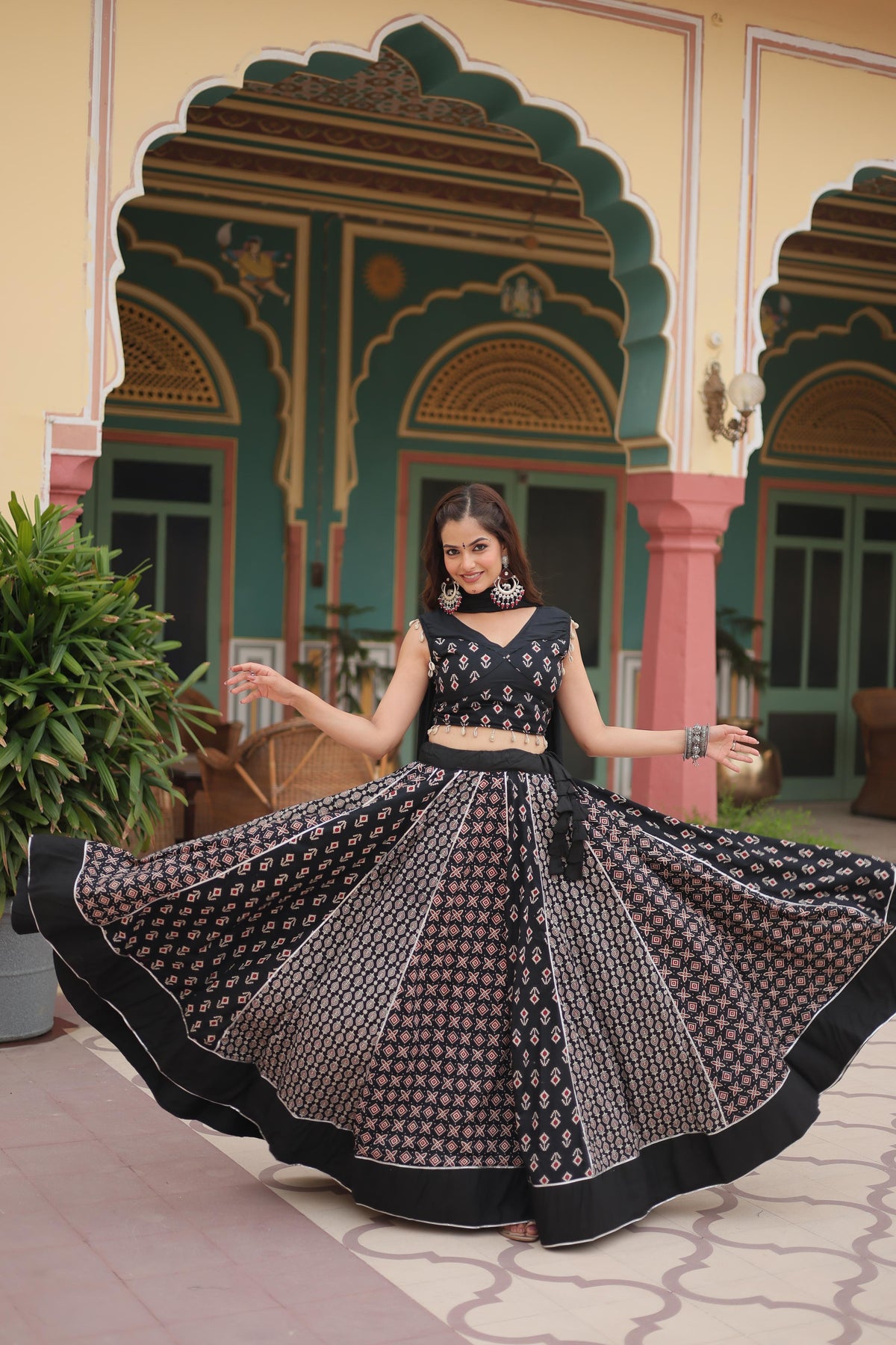 Lorenvalley Black Rayon Gota Patti Lace Printed Kali Pattern Lehenga Choli with Dupatta | Grocsy