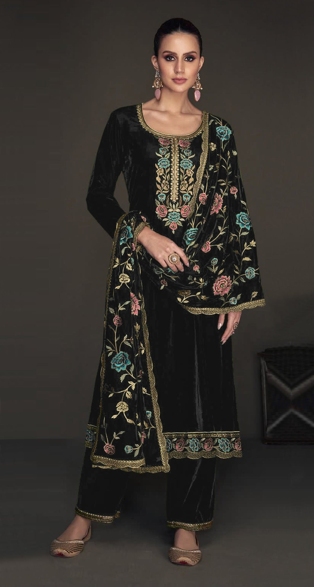 Lorenvalley Fashion Women Black Velvet Embroidered Salwar Suit Material | Grocsy