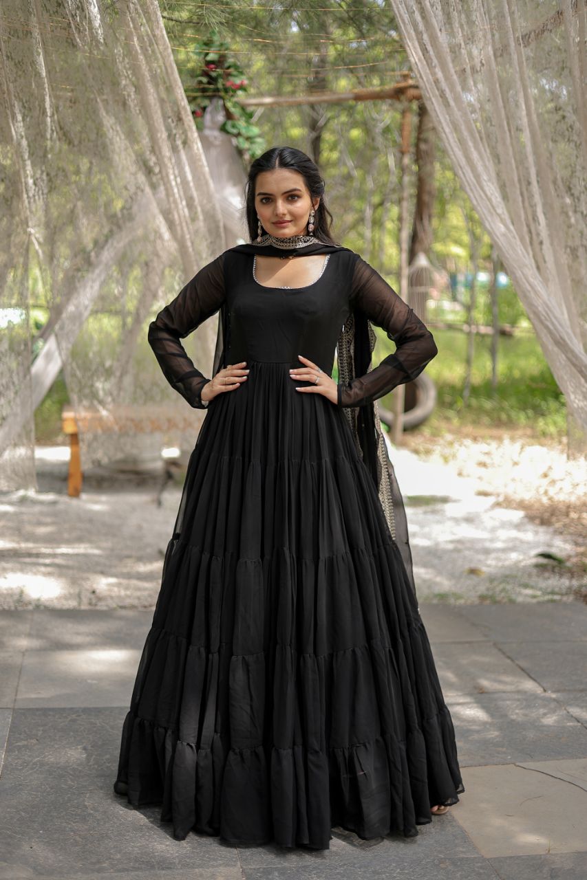 Evanik Black Faux Blooming Gown With Dupatta With Rich Sequins Embroidered work | Grocsy