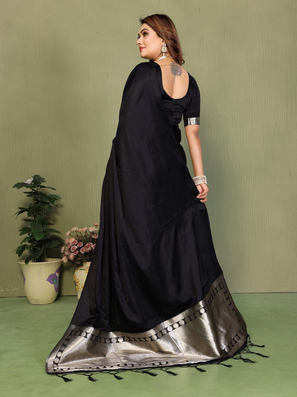 Anaita Black Zari Weaving Work Satin Silk Saree With Blouse | Grocsy