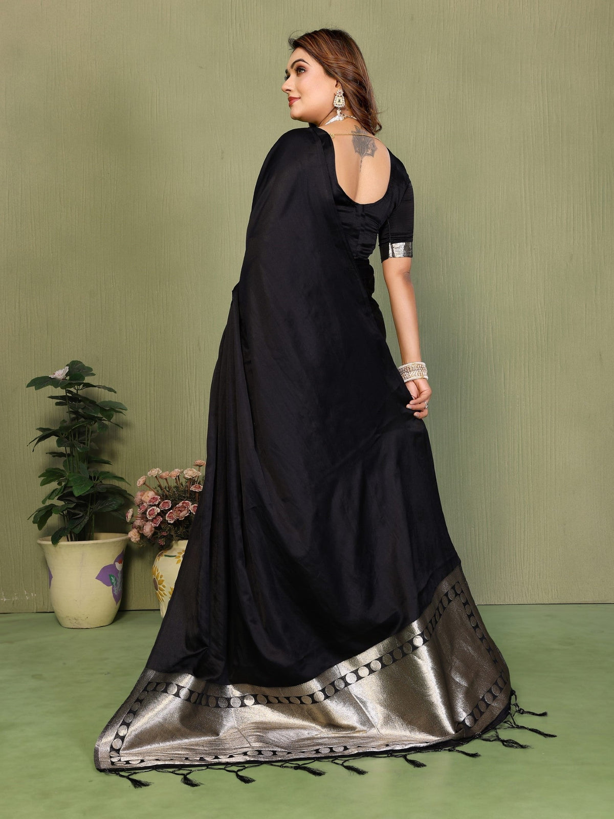 Anaita Black Zari Weaving Work Satin Silk Saree With Blouse | Grocsy