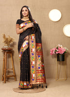 Lorenvalley Fashion Black Soft Paithani Silk Woven Design Rich Zari Meenakari Weaving Saree | Grocsy