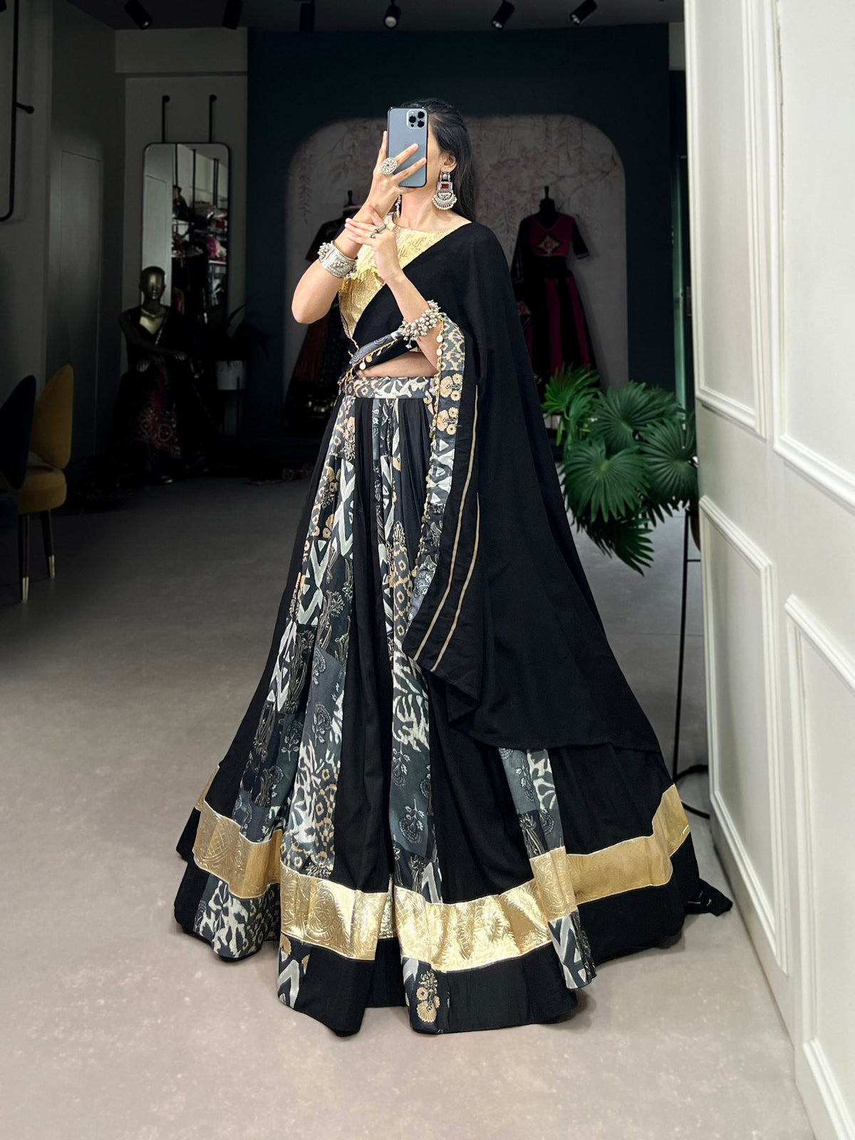 Lorenvalley Rayon and Tussar Silk Black Plain And Printed With Embossed Design Gota Lace Lehenga Choli with Dupatta | Grocsy