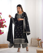 Lorenvalley Black Chinon Silk Embroidery Sequence and Jari Work Kurta Trousers with Dupatta Set | Grocsy