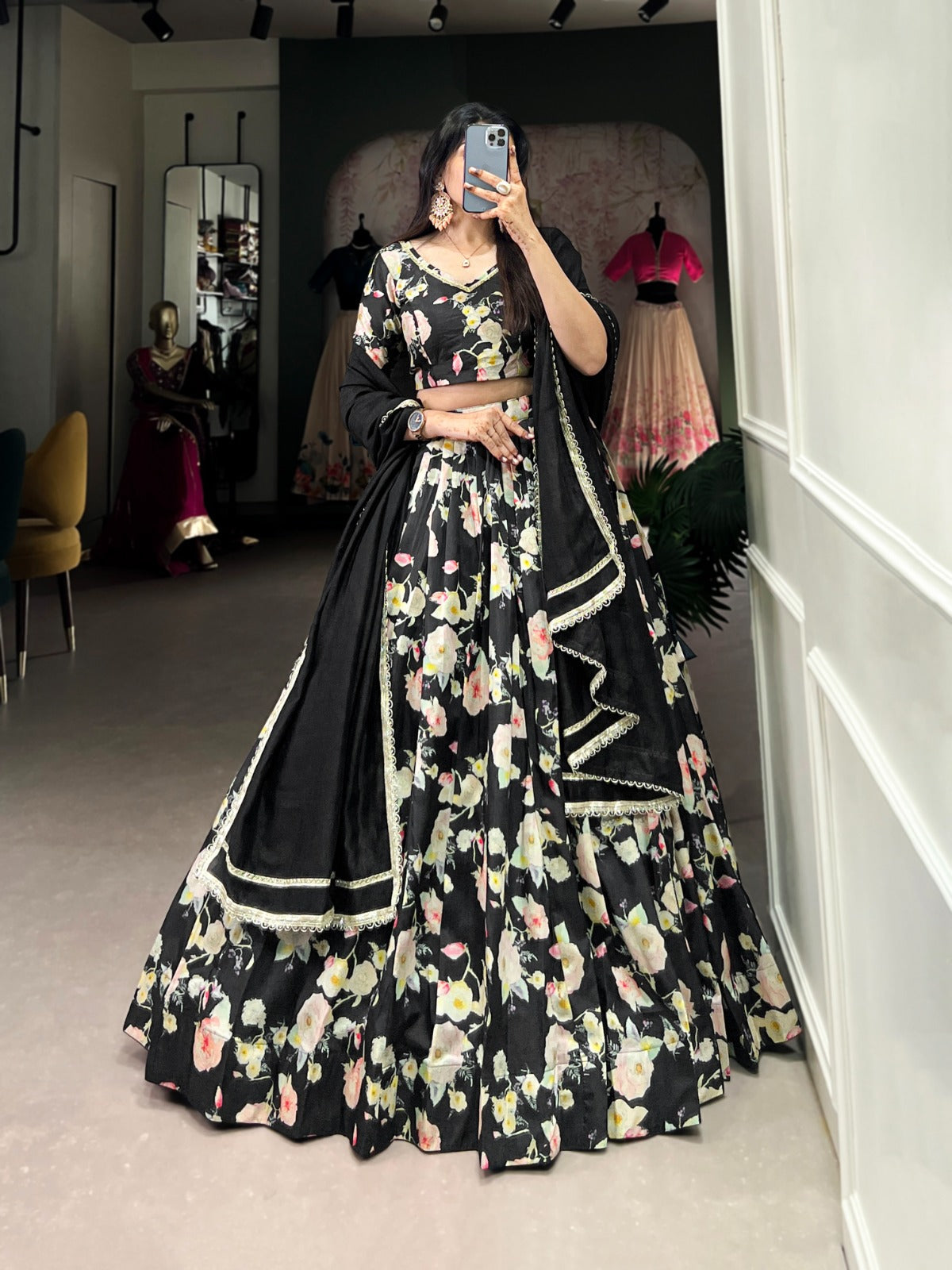 Lorenvalley Black Tussar Silk Floral Printed Lehenga Choli | Grocsy