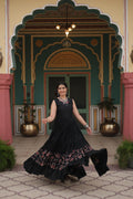 Lorenvalley Black Rayon Fabric with Printed Attached In Frill And Neck Gown | Grocsy