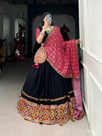 Lorenvalley Black Pure CottonPlain And Original Mirror Gamthi Work Lace Border Lehenga Choli with Dupatta | Grocsy