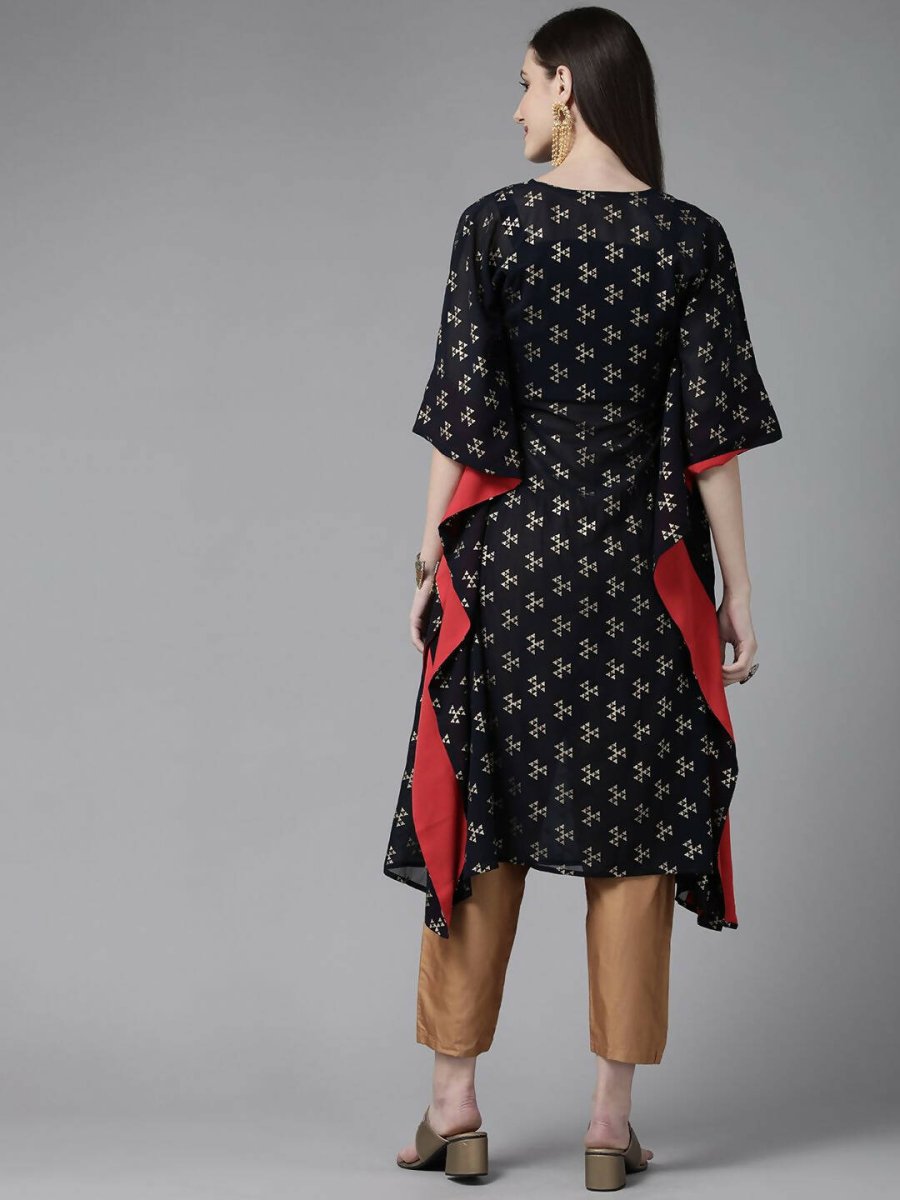 Ahalyaa Women Navy Blue Georgette Gold Printed Kaftan Kurta | Grocsy