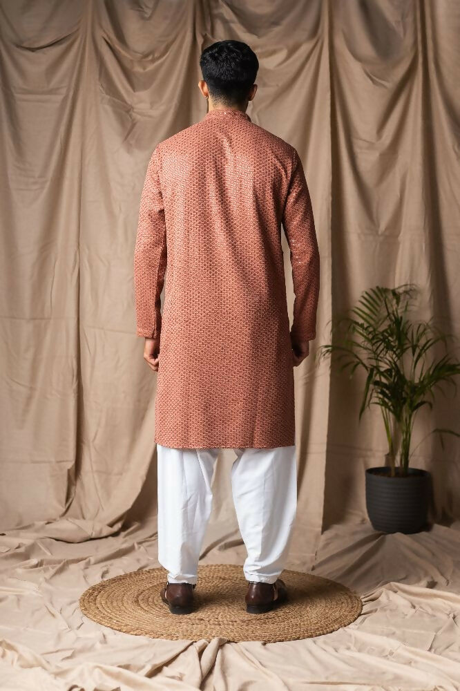 Reddish Orange Rayon Thread Embroidery Work Kurta Set - Mahotsav | Grocsy