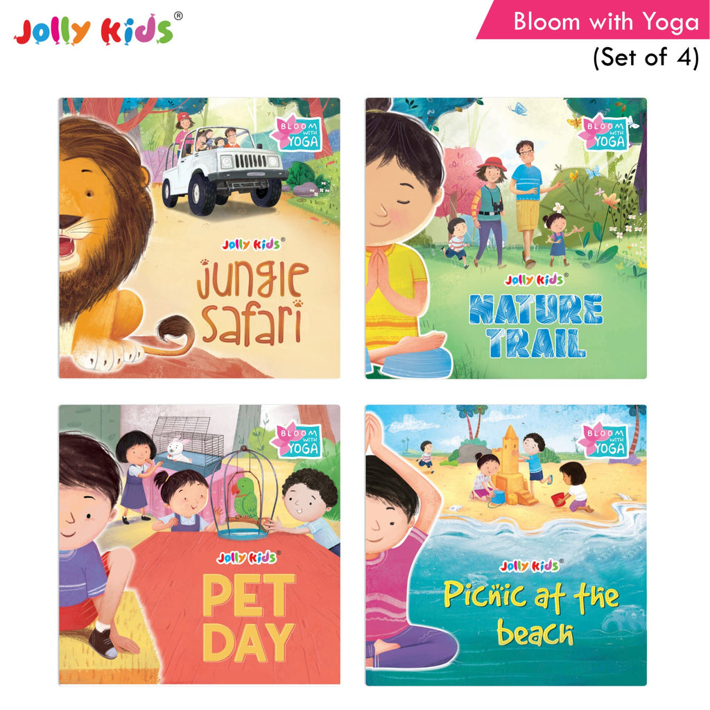 Jolly Kids Bloom With Yoga Books For Kids| Set of 4| Ages 3 - 7 Year| Yoga in Different Places Like Jungle, Beach, Schools, Gardens etc. | Grocsy