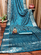Anaita Blue Soft Satin Silk Bandhej Print Saree With Kanchi Zari Weaving Border | Grocsy