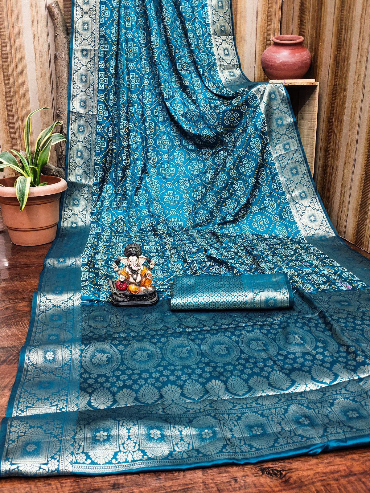Anaita Blue Soft Satin Silk Bandhej Print Saree With Kanchi Zari Weaving Border | Grocsy
