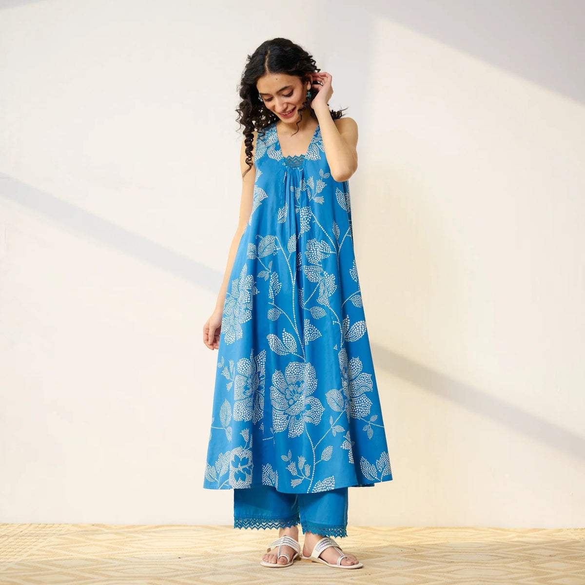 Pimu Women Floral Printed Pleated Pure Cotton Kurta with Palazzos-Blue | Grocsy