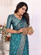 Anaita Blue Soft Satin Silk Bandhej Print Saree With Kanchi Zari Weaving Border | Grocsy