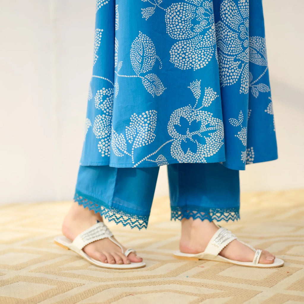 Pimu Women Floral Printed Pleated Pure Cotton Kurta with Palazzos-Blue | Grocsy