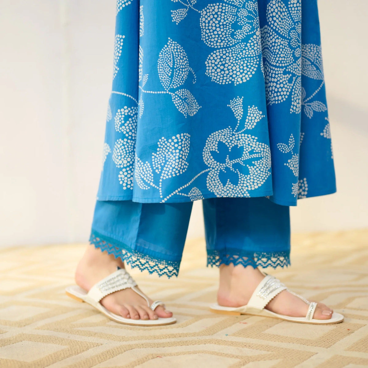 Pimu Women Floral Printed Pleated Pure Cotton Kurta with Palazzos-Blue | Grocsy