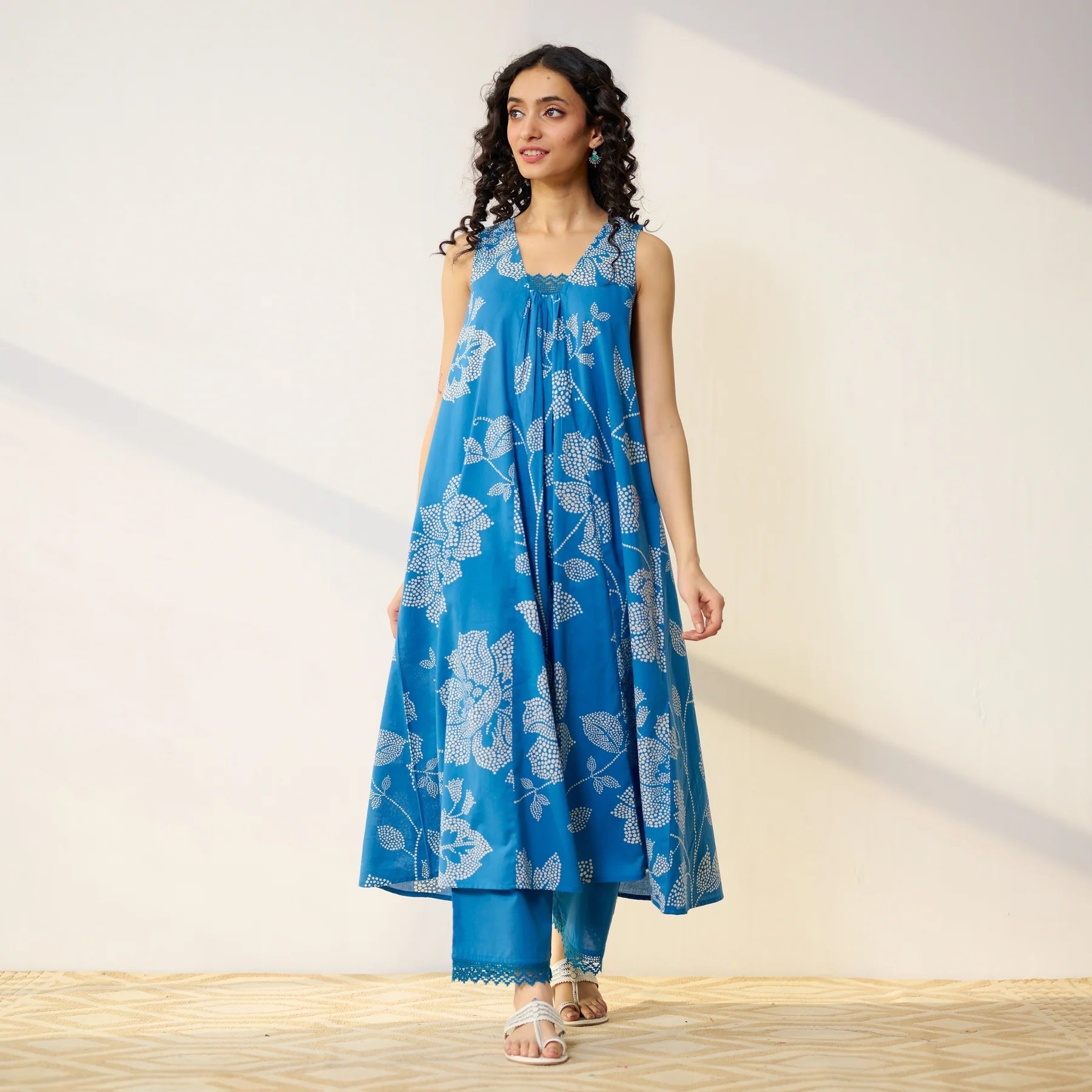 Pimu Women Floral Printed Pleated Pure Cotton Kurta with Palazzos-Blue | Grocsy