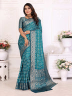 Anaita Blue Soft Satin Silk Bandhej Print Saree With Kanchi Zari Weaving Border | Grocsy