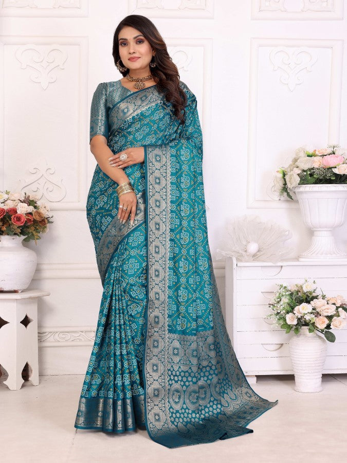 Anaita Blue Soft Satin Silk Bandhej Print Saree With Kanchi Zari Weaving Border | Grocsy