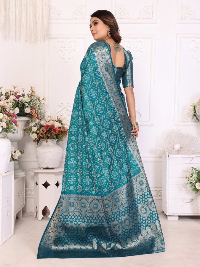 Anaita Blue Soft Satin Silk Bandhej Print Saree With Kanchi Zari Weaving Border | Grocsy