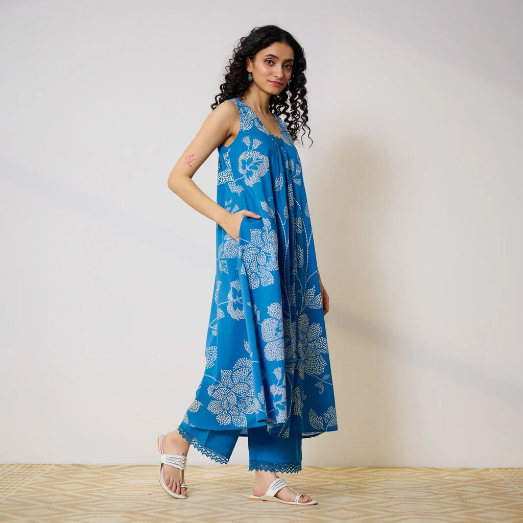Pimu Women Floral Printed Pleated Pure Cotton Kurta with Palazzos-Blue | Grocsy