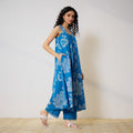 Pimu Women Floral Printed Pleated Pure Cotton Kurta with Palazzos-Blue | Grocsy