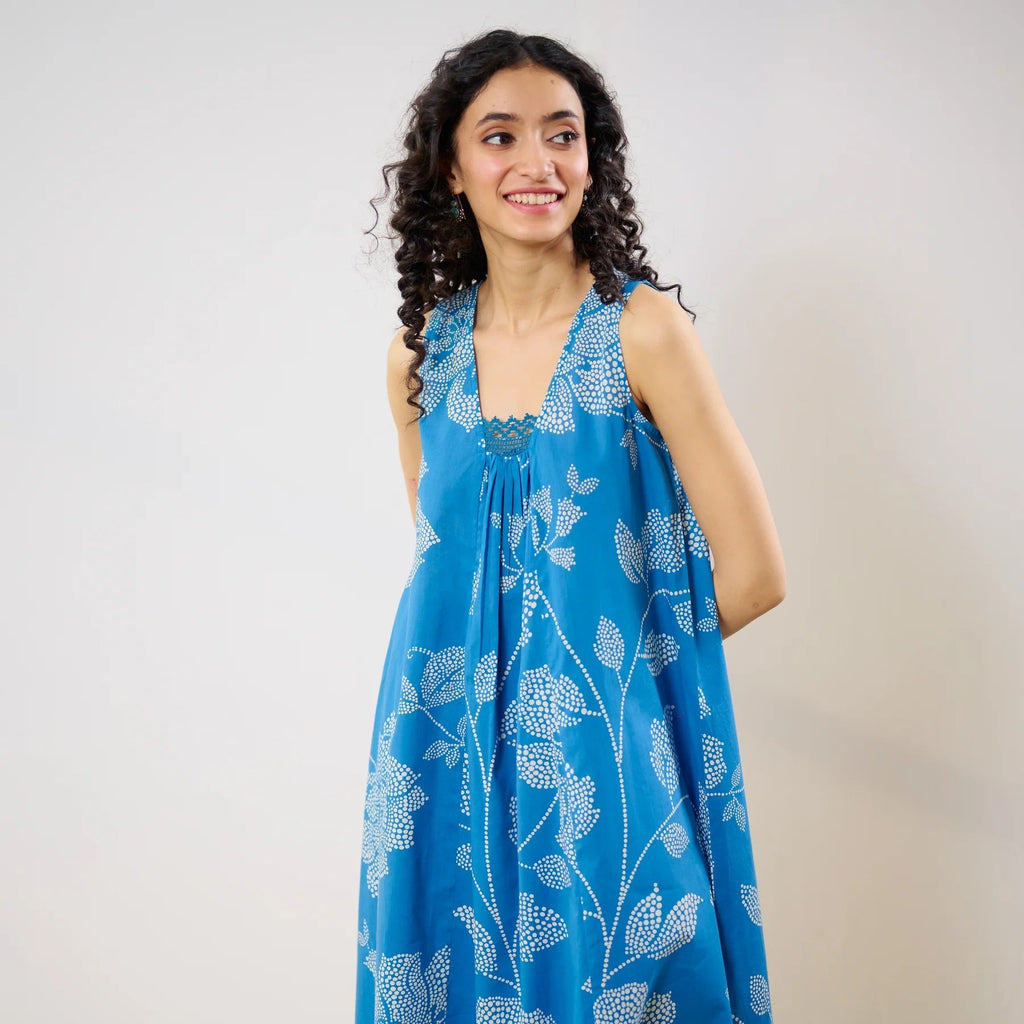 Pimu Women Floral Printed Pleated Pure Cotton Kurta with Palazzos-Blue | Grocsy