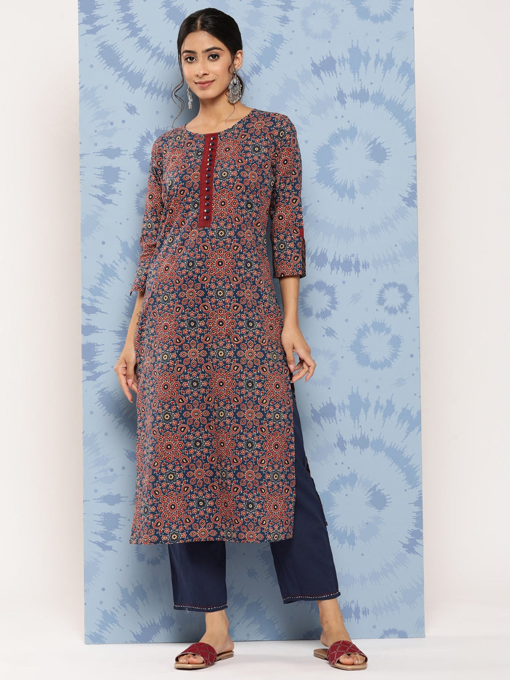 Yufta Blue Ajrak Printed Kurta Set | Grocsy