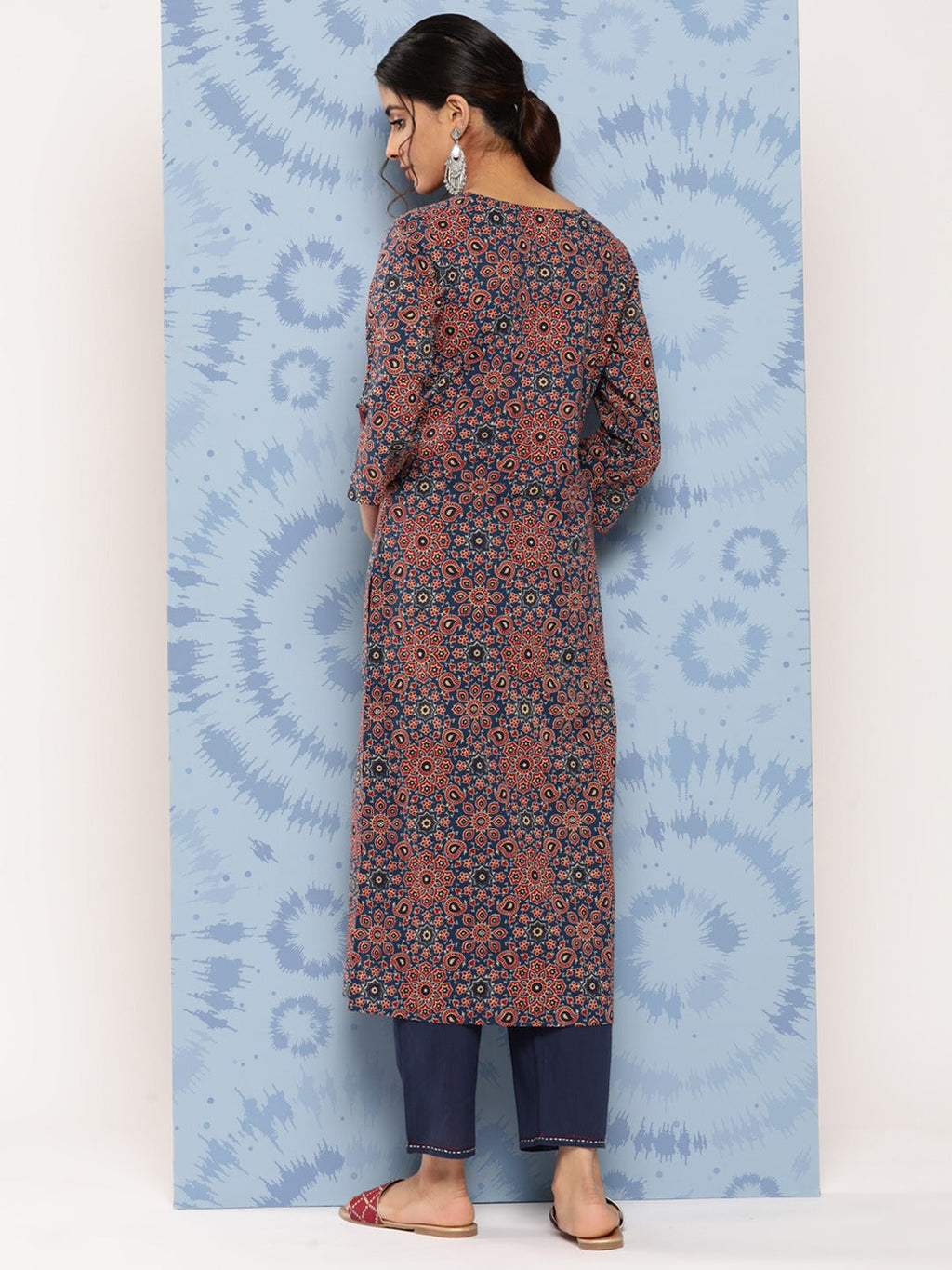 Yufta Blue Ajrak Printed Kurta Set | Grocsy