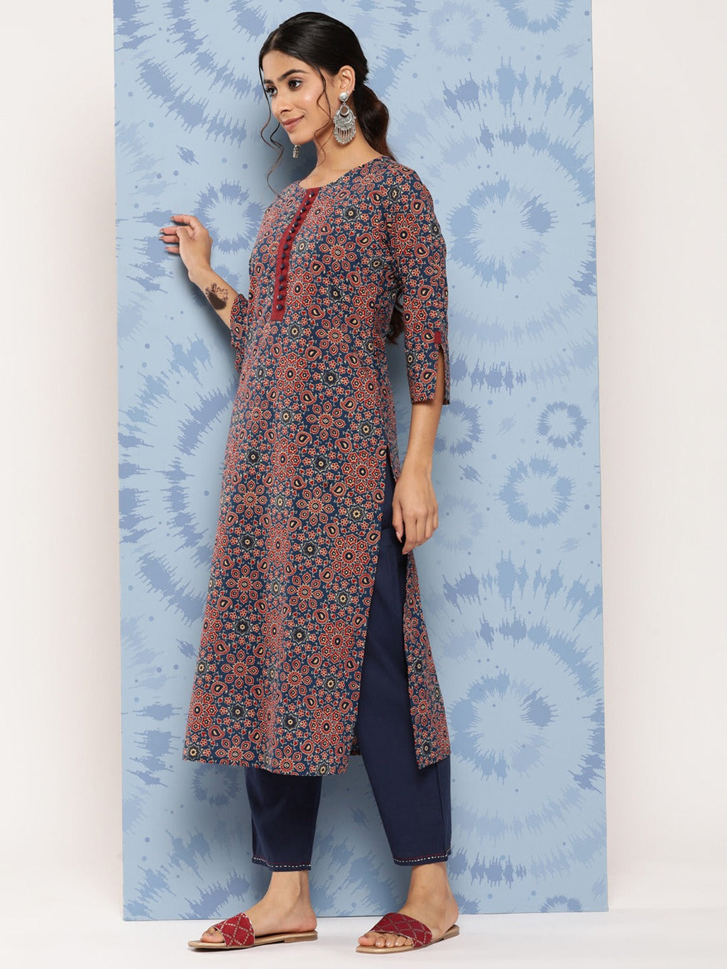 Yufta Blue Ajrak Printed Kurta Set | Grocsy