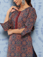Yufta Blue Ajrak Printed Kurta Set | Grocsy