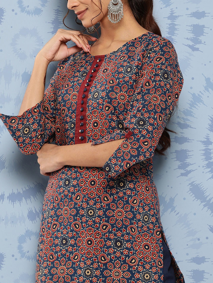 Yufta Blue Ajrak Printed Kurta Set | Grocsy