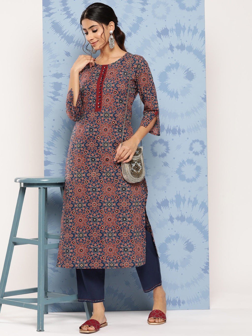 Yufta Blue Ajrak Printed Kurta Set | Grocsy