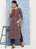 Yufta Blue Ajrak Printed Kurta Set | Grocsy
