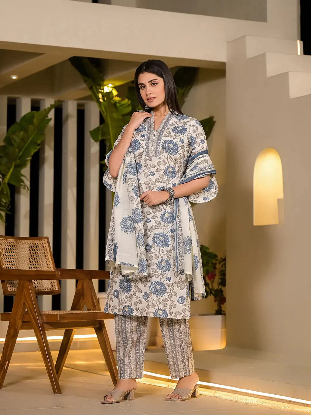 Yufta Blue And Off White Floral Print Cotton Straight Style Kurta And Trousers With Dupatta | Grocsy